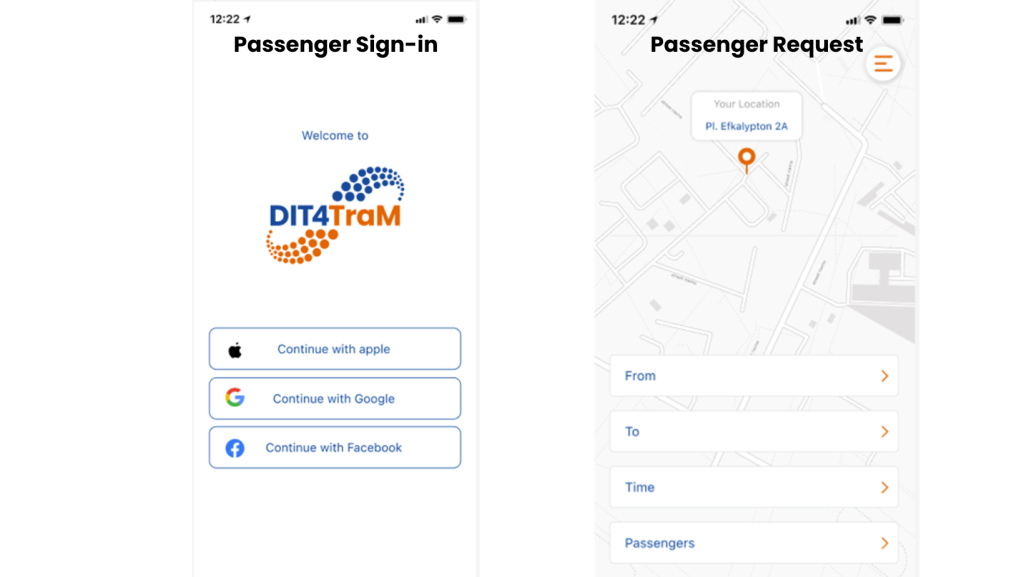 Screenshots of the Passenger Sign-in and Passenger Request of the DIT4TraM app developed for Glyfada